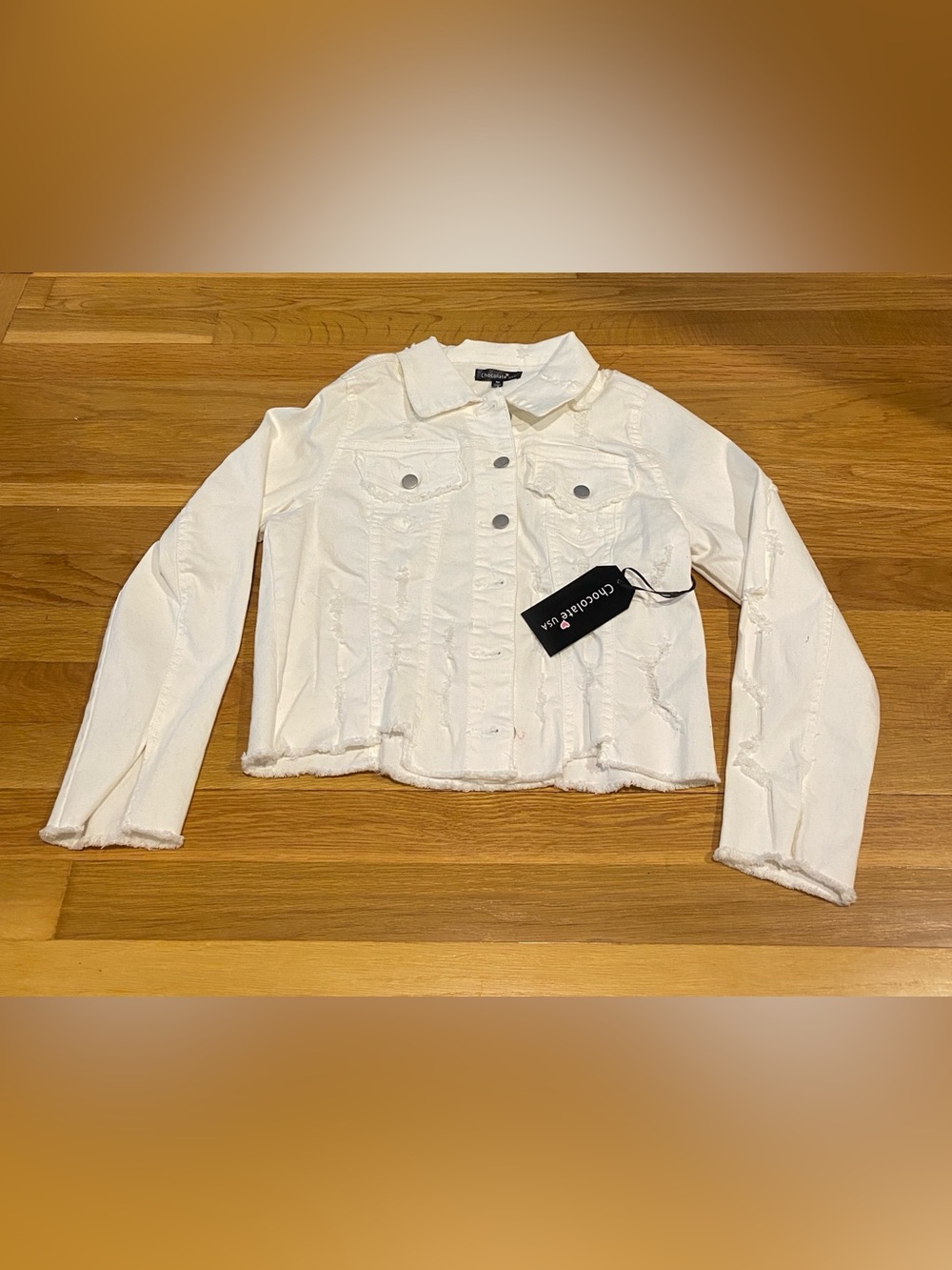 Charlotte Russe White Distressed Cropped Denim Jacket